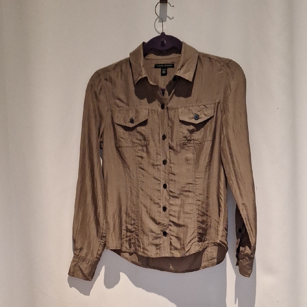 Banana Republic Light Brown Shimmery 100% Silk Button-Down Shirt Size PXS